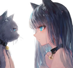 Rule 34 | 1girl, animal, animal ear fluff, animal ears, artist name, bare shoulders, bell, black cat, black hair, blue eyes, blush, cat, cat ears, cat girl, closed mouth, collar, from side, highres, holding, holding animal, holding cat, jingle bell, kisei2, long hair, original, profile, simple background, solo, upper body, whiskers, white background