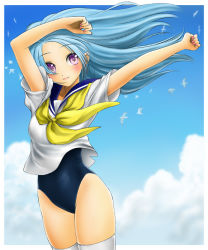 Rule 34 | 1girl, blue hair, chaborin, long hair, one-piece swimsuit, original, purple eyes, school swimsuit, school uniform, serafuku, solo, swimsuit, swimsuit under clothes, thighhighs