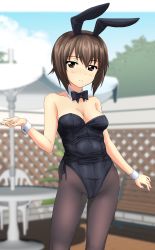 Rule 34 | 1girl, absurdres, alternate costume, animal ears, black bow, black bowtie, black leotard, black pantyhose, blurry, bow, bowtie, breasts, brown eyes, brown hair, cleavage, commentary request, cowboy shot, day, depth of field, detached collar, fake animal ears, girls und panzer, head tilt, highres, leotard, medium breasts, nishizumi maho, outdoors, pantyhose, parted lips, playboy bunny, rabbit ears, short hair, solo, standing, strapless, strapless leotard, table, takafumi, thighs, umbrella, wrist cuffs