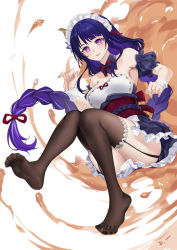 Rule 34 | 1girl, absurdres, alternate costume, bare shoulders, black thighhighs, detached collar, detached sleeves, feet, genshin impact, hair ribbon, highres, legs, linreplica, long braid, long hair, looking at viewer, maid headdress, no shoes, obi, parted lips, puffy short sleeves, puffy sleeves, purple eyes, purple hair, raiden shogun, red ribbon, red sash, ribbon, sash, short sleeves, smile, soles, solo, strapless, thighhighs, thighs, toes, very long hair, white background