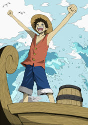 Rule 34 | 1boy, barrel, bird, black hair, blue sky, boat, clenched hand, cloud, east blue, hat, male focus, monkey d. luffy, ocean, one piece, outdoors, red vest, scar, seagull, shorts, sky, smile, solo, straw hat, vest, water