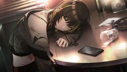 Rule 34 | 1girl, black hair, blonde hair, cellphone, cracked screen, crop top, cropped shirt, ear piercing, grey shirt, groin, head rest, idolmaster, idolmaster shiny colors, ikaruga luca, indoors, leaning forward, leaning on object, looking at viewer, multicolored hair, navel, official art, phone, piercing, shirt, solo, spill, streaked hair