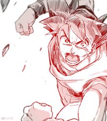 Rule 34 | 10s, 1boy, annoyed, blurry, clenched hands, depth of field, dougi, dragon ball, dragon ball super, fighting stance, floating, frown, fukuko fuku, greyscale, looking away, male focus, monochrome, open mouth, red theme, rock, serious, short hair, simple background, son goku, spiked hair, teeth, twitter username, upper body, white background, wristband