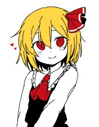 Rule 34 | 1girl, ascot, bbyong403, black vest, blonde hair, blush, closed mouth, collared shirt, hair between eyes, hair ribbon, heart, korean commentary, long sleeves, looking at viewer, red ascot, red eyes, red ribbon, ribbon, rumia, shirt, short hair, simple background, smile, solo, touhou, upper body, vest, white background, white shirt