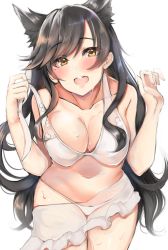 Rule 34 | 1girl, animal ears, ashino, atago (azur lane), atago (summer march) (azur lane), azur lane, bikini, black hair, blush, breasts, cleavage, collarbone, commentary request, cowboy shot, hands up, highres, large breasts, long hair, looking at viewer, mole, mole under eye, navel, open mouth, sarong, see-through, simple background, solo, standing, stomach, swept bangs, swimsuit, teeth, undressing, upper teeth only, very long hair, white background, white bikini, yellow eyes