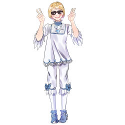 Rule 34 | 1boy, ace attorney, apollo justice: ace attorney, blonde hair, blush, highres, jewelry, katsurbusa, machi tobaye, male focus, necklace, open mouth, ribbon, shirt, solo, sunglasses, v, white background, white shirt