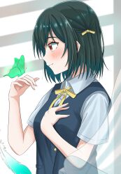 Rule 34 | 1girl, artistic error, bad hands, black vest, blush, breasts, bug, butterfly, closed mouth, commentary request, curtains, from side, green hair, hair ribbon, highres, insect, katanashi (ktnsh popu), love live!, love live! nijigasaki high school idol club, medium breasts, mifune shioriko, neck ribbon, nijigasaki school uniform, red eyes, ribbon, school uniform, short hair, short sleeves, solo, summer uniform, upper body, vest, yellow ribbon