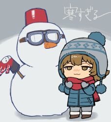 Rule 34 | 1boy, ace attorney, ace attorney investigations, ace attorney investigations 2, beanie, blue coat, blue hat, blue mittens, brown eyes, brown footwear, brown hair, carrot, chibi, chibi only, coat, full body, gloves, goggles, hat, ichiyanagi yumihiko, lowres, male focus, mittens, numae kaeru, pom pom (clothes), pom pom beanie, red scarf, scarf, snowman, solo, translation request, winter