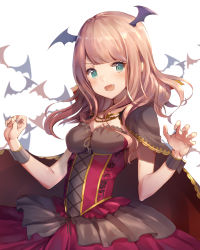 Rule 34 | 1girl, :d, absurdres, alternate hairstyle, aqua eyes, bang dream!, bat (animal), cape, claw pose, commentary request, cross-laced clothes, dress, fang, frilled dress, frills, halloween, halloween costume, head wings, highres, jewelry, long hair, looking at viewer, necklace, nogi momoko, open mouth, pink hair, ribbon trim, smile, solo, uehara himari, vampire costume, wings, wrist cuffs