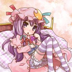 Rule 34 | 1girl, bed, bloomers, blush, crescent, female focus, food, fruit, grapes, hair ribbon, hat, long hair, mayuge inu, on bed, patchouli knowledge, purple eyes, purple hair, ribbon, solo, striped clothes, striped thighhighs, thighhighs, touhou, underwear