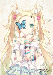 Rule 34 | 1girl, absurdres, animal ears, bad id, bad pixiv id, blonde hair, blue eyes, bracelet, bug, butterfly, dress, h2so4, hair ornament, hairclip, highres, bug, jewelry, long hair, nail polish, original, pink nails, ring, solo, twintails