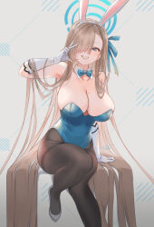 Rule 34 | 1girl, absurdly long hair, animal ears, armpits, asuna (blue archive), asuna (bunny) (blue archive), black pantyhose, blue archive, blue eyes, blue leotard, breasts, cleavage, detached collar, fake animal ears, gloves, high heels, large breasts, leotard, light brown hair, long hair, official alternate costume, pantyhose, playboy bunny, rabbit ears, signature, solo, strapless, strapless leotard, tautiki, very long hair, white footwear, white gloves