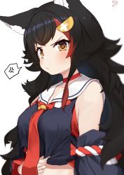 Rule 34 | 1girl, anger vein, animal ears, artist logo, black hair, black shirt, blurry, blush, breasts, choker, closed mouth, commentary, crop top, crop top overhang, cropped shirt, depth of field, detached sleeves, hair ornament, highres, hololive, kouhaku nawa, long hair, looking at viewer, medium breasts, multicolored hair, nejime, ookami mio, ookami mio (1st costume), orange eyes, pout, red choker, red hair, red neckwear, rope, sailor collar, scowl, shimenawa, shirt, simple background, solo, spoken anger vein, streaked hair, sweatdrop, two-tone hair, upper body, v-shaped eyebrows, virtual youtuber, white background, wolf ears