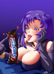 Rule 34 | 1girl, absurdres, blue eyes, breasts, cleavage, elbow gloves, female focus, fire emblem, fire emblem: the blazing blade, gloves, heart, heart-shaped pupils, highres, large breasts, lipstick, makeup, naughty face, nintendo, penis awe, pink lips, purple hair, purple lips, saliva, sexually suggestive, short hair, snickers (brand), solo, symbol-shaped pupils, tongue, tongue out, upper body, ursula (fire emblem), zamtranger
