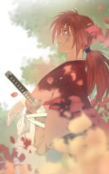 Rule 34 | 1boy, blue eyes, blurry, blurry background, blurry foreground, closed mouth, commentary request, cowboy shot, cross scar, elbow rest, facial scar, falling petals, from side, hakama, highres, himura kenshin, japanese clothes, katana, kimono, long hair, low ponytail, outdoors, petals, profile, red hair, red kimono, rurouni kenshin, scar, scar on cheek, scar on face, sheath, sheathed, signature, smile, solo, sua lucid, sword, tree, weapon, white hakama, wide sleeves