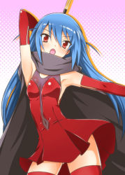 Rule 34 | 1girl, armpits, blue hair, breasts, cape, detached sleeves, dress, flat chest, gloves, haqua d&#039;rot herminium, kami nomi zo shiru sekai, long hair, non-web source, red eyes, red thighhighs, small breasts, solo, thighhighs, weapon, zettai ryouiki