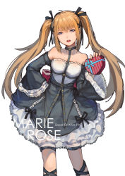 Rule 34 | 1girl, absurdres, bare shoulders, blonde hair, blue eyes, dead or alive, dead or alive 5, flat chest, frills, gift, gothic lolita, hair ribbon, highres, holding, holding gift, lolita fashion, long hair, marie rose, ribbon, skaijang, solo, twintails
