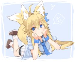 Rule 34 | 1girl, ahoge, animal ears, arm support, bike shorts, blonde hair, blue background, blue eyes, blue necktie, bow, dated, fox ears, fox tail, ganesagi, hair bow, heart, legs up, looking at viewer, loose socks, lying, necktie, on stomach, original, short hair with long locks, sleeves rolled up, smile, socks, solo, tail, wristband