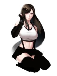 Rule 34 | 1girl, black gloves, black shorts, black thighhighs, breasts, brown hair, closed mouth, collarbone, earrings, elbow gloves, final fantasy, final fantasy vii, final fantasy vii remake, fingerless gloves, floating hair, gloves, hair between eyes, hair over shoulder, highres, igusaharu, jewelry, large breasts, long hair, looking at viewer, midriff, navel, red eyes, short shorts, shorts, simple background, sitting, sketch, smile, solo, square enix, stomach, suspender shorts, suspenders, tank top, thighhighs, tifa lockhart, very long hair, wariza, white background, white tank top, zettai ryouiki
