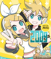 Rule 34 | 1boy, 1girl, 2009, ahoge, anniversary, arm behind back, artist name, bare shoulders, black sailor collar, black sleeves, blonde hair, blue eyes, blush stickers, bow, bright pupils, cellphone, chair, character name, chibi, chibi inset, dated, detached sleeves, grey sailor collar, grey sleeves, gyari (imagesdawn), hair bow, headphones, highres, holding, holding phone, kagamine len, kagamine rin, messy hair, musical note, navel, neckerchief, open mouth, orange sweater, phone, sailor collar, salute, shirt, short hair, sidelocks, signature, smartphone, smile, sweater, swept bangs, table, two-finger salute, v, vocaloid, white bow, white pupils, white shirt, yellow background, yellow nails, yellow neckerchief, yellow shirt