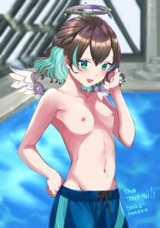 Rule 34 | 1girl, absurdres, blue male swimwear, blue swim trunks, blurry, blurry background, breasts, brown hair, character request, copyright request, cowboy shot, crossdressing, dated, day, detached wings, drawstring, english text, female focus, green eyes, green hair, halo, highres, indoors, kasako, male swimwear, male swimwear challenge, mechanical halo, multicolored hair, nipples, pool, rei no pool, single vertical stripe, small breasts, solo, swim trunks, swimsuit, topless, water, wings