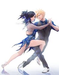 Rule 34 | 1boy, 1girl, ass, black hair, blonde hair, blue eyes, cloud strife, couple, dancing, dress, earrings, final fantasy, final fantasy vii, final fantasy vii remake, formal, full body, hand on another&#039;s back, high heels, highres, holding hands, jewelry, legs, long hair, looking at another, necktie, red eyes, reflective floor, shoes, short dress, spiked hair, spykeee, square enix, suit, tifa lockhart, twitter username