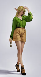Rule 34 | atamagaitai, beige pants, belt, blonde hair, blouse, closed mouth, collared shirt, contemporary, crown, deedlit, unworn eyewear, green shirt, high-waist shorts, high heels, highres, holding, holding removed eyewear, jewelry, long hair, long sleeves, looking down, necklace, pearl necklace, pointy ears, record of lodoss war, shirt, shorts, sunglasses