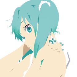 Rule 34 | 1girl, 3aya n, :o, aqua eyes, aqua hair, body writing, flat color, from side, hatsune miku, k-on!, lowres, nail polish, no lineart, parody, profile, simple background, solo, star (symbol), style parody, tattoo, twintails, vocaloid, white background