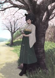 Rule 34 | 10s, 1girl, black footwear, black hair, black hat, book, boots, cherry blossoms, cross-laced footwear, day, enoshito, expressionless, furisode, green eyes, green hakama, hakama, hakama skirt, hat, highres, holding, holding book, japanese clothes, kantai collection, kimono, lace-up boots, long sleeves, matsukaze (kancolle), meiji schoolgirl uniform, mini hat, mini top hat, open book, reading, short hair, skirt, solo, standing, top hat, white kimono, wide sleeves