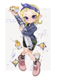 Rule 34 | 1girl, air bubble, ankle socks, arm up, artist name, autobomb (splatoon), bad id, bad twitter id, bandana, bike shorts, black shorts, black socks, blonde hair, blue bandana, blue eyes, blue headband, border, bubble, collared shirt, commentary, cross-laced footwear, full body, grey background, grey shirt, grey skirt, headband, highres, holding, holding umbrella, holding weapon, long sleeves, looking at viewer, medium hair, miniskirt, nintendo, octoling, octoling girl, octoling player character, open mouth, outside border, pink footwear, shirt, shoes, shorts, shorts under skirt, signature, single vertical stripe, skirt, smile, sneakers, socks, solo, splat bomb (splatoon), splat brella (splatoon), splatoon (series), splatoon 2, standing, suction cups, symbol-only commentary, tentacle hair, umbrella, ume (plumblossom), weapon, white border