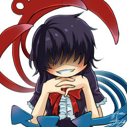 Rule 34 | 1girl, asymmetrical wings, profile picture, black hair, black shirt, blouse, blue wings, bow, chamaji, commentary request, frills, gendou pose, grin, hair over eyes, hands clasped, houjuu nue, looking at viewer, lowres, neck ribbon, own hands clasped, own hands together, red wings, ribbon, shaded face, shirt, short hair, short sleeves, signature, simple background, smile, solo, touhou, upper body, white background, wings
