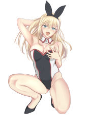 Rule 34 | 1girl, absurdres, animal ears, bismarck (kancolle), black footwear, blonde hair, blue eyes, breasts, character name, cleavage, commentary request, detached collar, fake animal ears, full body, grabbing own breast, green eyes, highres, houki (tonburi), kantai collection, leotard, looking at viewer, medium breasts, open mouth, playboy bunny, rabbit ears, rabbit tail, simple background, solo, squatting, strapless, strapless leotard, tail, teeth, two-tone leotard, upper teeth only, white background, wrist cuffs