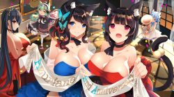 Rule 34 | &gt; &lt;, 5girls, absurdres, ahoge, akashi (azur lane), akashi (the black cat cometh!) (azur lane), akashi (the black cat cometh!) (azur lane), alternate costume, animal ears, azur lane, bare shoulders, black bow, black dress, black hair, blue dress, blue eyes, blue hair, blush, bow, breasts, butterfly hair ornament, cat ears, cat tail, choker, cleavage, cocktail dress, collarbone, dress, fang, flat chest, flower, frilled legwear, frills, fubuki (azur lane), fubuki (music pixy) (azur lane), fusou (azur lane), green hair, hair between eyes, hair flower, hair ornament, hair ribbon, hairband, highres, huge breasts, huge filesize, indoors, large breasts, long hair, looking at viewer, mole, mole under eye, multiple girls, official alternate costume, open mouth, red choker, red dress, red eyes, ribbon, short hair, sideboob, sleeves past wrists, smile, standing, taihou (azur lane), taihou (forbidden feast) (azur lane), tail, thighhighs, very long hair, white dress, yamaha tsui, yamashiro (azur lane), yamashiro (dressy black cat) (azur lane), yellow eyes