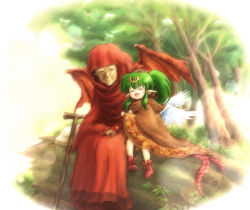 Rule 34 | 1boy, 1girl, bantu (fire emblem), cape, closed eyes, dragon wings, feathered wings, fire emblem, fire emblem: mystery of the emblem, green hair, hair ornament, hand on another&#039;s head, hood, jewelry, long hair, long sleeves, nintendo, old, old man, open mouth, pointy ears, ponytail, red-50869, shoes, sitting, sitting on log, smile, staff, tiara, tiki (fire emblem), tiki (young) (fire emblem), tree, wings
