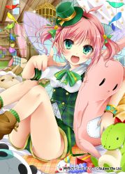 Rule 34 | 1girl, blush, bow, company name, fang, green bow, green eyes, green hat, green ribbon, hair ribbon, hat, holding, holding stuffed toy, index finger raised, looking at viewer, open mouth, panties, pantyshot, picpicgram, pink hair, pointing, pointing at viewer, pointy ears, ribbon, shinkai no valkyrie, short hair, short twintails, sitting, smile, solo, stuffed animal, stuffed dinosaur, stuffed toy, twintails, underwear, white panties