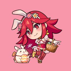 Rule 34 | 1girl, animal ears, basket, breasts, chibi, chibi only, cleavage, closed mouth, commentary, cordelia (fire emblem), cordelia (spring) (fire emblem), easter egg, egg, elbow gloves, english commentary, fake animal ears, fire emblem, fire emblem awakening, fire emblem heroes, flower, full body, gloves, hair between eyes, hair flower, hair ornament, holding, holding basket, holding egg, kaijuicery, long hair, nintendo, official alternate costume, pantyhose, pink background, puffy short sleeves, puffy sleeves, rabbit, rabbit ears, red eyes, red hair, red pantyhose, short sleeves, small breasts, smile, very long hair, white gloves