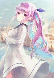 Rule 34 | 1girl, absurdres, blue hair, blue ribbon, blurry, blurry background, blush, braid, breasts, building, closed mouth, collared dress, colored inner hair, commentary request, day, depth of field, dress, hair ribbon, highres, hololive, long hair, long sleeves, looking at viewer, looking back, medium breasts, minato aqua, multicolored hair, outdoors, purple eyes, purple hair, ribbon, rupe paperu, side ponytail, solo, two-tone hair, very long hair, virtual youtuber, water, white dress