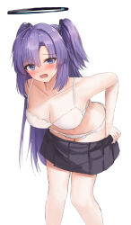 Rule 34 | 1girl, :o, bare legs, black skirt, blue archive, blush, bra, breasts, cleavage, collarbone, feet out of frame, halo, highres, large breasts, leaning forward, looking at viewer, nonoka7221, panties, pleated skirt, purple eyes, purple hair, simple background, skirt, skirt hold, solo, stomach, two side up, underwear, white background, white bra, white panties, yuuka (blue archive)