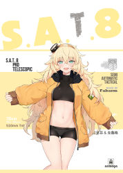 Rule 34 | 1girl, :d, absurdres, aqua eyes, bike shorts, black hat, blonde hair, blush, breasts, breasts apart, character name, coat, commentary, crop top, english text, fang, feet out of frame, girls&#039; frontline, groin, hair between eyes, hairband, hat, highres, long hair, long sleeves, looking at viewer, medium breasts, messy hair, midriff, mini hat, navel, nemoga, open clothes, open coat, open mouth, orange coat, orange hairband, panties, panties under bike shorts, pocket, puffy long sleeves, puffy sleeves, s.a.t.8 (girls&#039; frontline), shirt, sleeves past wrists, smile, solo, taut clothes, taut shirt, thigh gap, thighs, translation request, two-tone background, underwear, unzipped, very long hair, white panties, zipper pull tab