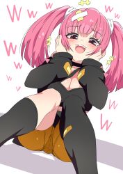 Rule 34 | 1girl, :d, asymmetrical legwear, black jacket, blunt bangs, blush, breasts, brown shorts, cleavage, creatures (company), game freak, highres, jacket, large breasts, laughing, long sleeves, looking at viewer, medium hair, mismatched legwear, nintendo, open mouth, pink hair, pokemon, pokemon (anime), pokemon horizons, purple eyes, revision, coral (pokemon), shorts, simple background, sitting, smile, solo, teeth, tottotonero, twintails, upper teeth only, white background