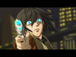 Rule 34 | 1boy, aiming, aiming at viewer, black hair, blue eyes, blurry, depth of field, finger on trigger, frown, glowing, gun, hair between eyes, handgun, letterboxed, male focus, msk (yumi0731), original, outdoors, solo, tears, weapon
