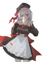 Rule 34 | 1girl, absurdres, apron, ascot, beret, black dress, black hat, blush, bow, braid, breasts, commentary, cowboy shot, cup, dress, drinking, genshin impact, green eyes, hands up, hat, highres, holding, holding cup, kfc, kuweichuanxin jr, long sleeves, looking at viewer, medium breasts, medium hair, noelle (genshin impact), noelle (kfc) (genshin impact), official alternate costume, pantyhose, puffy long sleeves, puffy sleeves, red ascot, red bow, silver hair, simple background, solo, standing, white apron, white background, white pantyhose