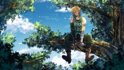 Rule 34 | 1boy, bandaged arm, bandages, blue sky, brown footwear, closed eyes, collarbone, dappled sunlight, fate/extra, fate (series), forest, full body, green pants, green shirt, in tree, macha@meshi, male focus, nature, orange hair, pants, robin hood (fate), shirt, short hair, sitting, sitting in tree, sky, solo, sunlight, translation request, tree