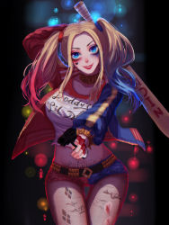 Rule 34 | 1girl, absurdres, baseball bat, batman (series), breasts, dc comics, gun, harley quinn, highres, jacket, lipstick, makeup, multicolored hair, smile, solo, suicide squad, twintails, weapon