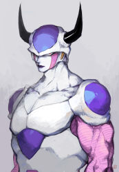 Rule 34 | 1boy, akame (chokydaum), black horns, black lips, closed mouth, collarbone, dragon ball, dragonball z, frieza, horns, large pectorals, looking at viewer, male focus, muscular, muscular male, pectorals, red eyes, signature, solo, upper body
