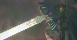 Rule 34 | 1boy, arm tattoo, blonde hair, braid, floating hair, glowing, glowing weapon, green skirt, hashtag-only commentary, highres, holding, holding sword, holding weapon, jiankun yu, link, long hair, male focus, master sword, nintendo, prosthesis, prosthetic arm, shoulder tattoo, single bare shoulder, single braid, skirt, solo, sword, tattoo, the legend of zelda, the legend of zelda: tears of the kingdom, two-handed, weapon