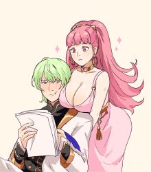 Rule 34 | 1boy, 1girl, breasts, byleth (fire emblem), byleth (male) (fire emblem), cleavage, closed mouth, collarbone, commentary, dress, earrings, english commentary, enlightened byleth (male), fire emblem, fire emblem: three houses, green eyes, green hair, hair between eyes, highres, hilda valentine goneril, holding, holding paper, hoop earrings, jewelry, large breasts, long hair, long sleeves, nintendo, paper, pink dress, pink eyes, pink hair, simple background, sleeveless, sleeveless dress, tamafry, very long hair, white background