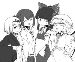 Rule 34 | 4girls, akai ito, bat wings, bow, crossover, detached sleeves, eye contact, closed eyes, female focus, frown, greyscale, hair bow, hair tubes, hakurei reimu, hands on own hips, hat, hatou kei, japanese clothes, looking at another, miko, mob cap, monochrome, multiple girls, neckerchief, nozomi (akai ito), open mouth, remilia scarlet, ribbon-trimmed sleeves, ribbon trim, sharp teeth, short hair, short sleeves, spacezin, sweatdrop, teeth, touhou, wings