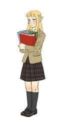 Rule 34 | 1girl, alternate costume, blazer, blonde hair, blue eyes, book, braid, brown jacket, cithis, contemporary, dungeon meshi, elf, french braid, full body, grey socks, half updo, holding, holding book, jacket, kneehighs, legs together, loafers, long sleeves, looking ahead, nervous, pattadol, plaid, plaid skirt, pointy ears, school uniform, shoes, skirt, socks, solo, standing, tsy, white background