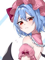 Rule 34 | 1girl, adapted costume, bare shoulders, bat wings, blue hair, blush, dress, eringi (rmrafrn), flying sweatdrops, frills, from side, frown, furrowed brow, hair between eyes, hat, hat ribbon, highres, looking at viewer, mob cap, pink hat, puffy short sleeves, puffy sleeves, red eyes, red ribbon, remilia scarlet, ribbon, short hair, short sleeves, simple background, solo, touhou, upper body, white background, wings